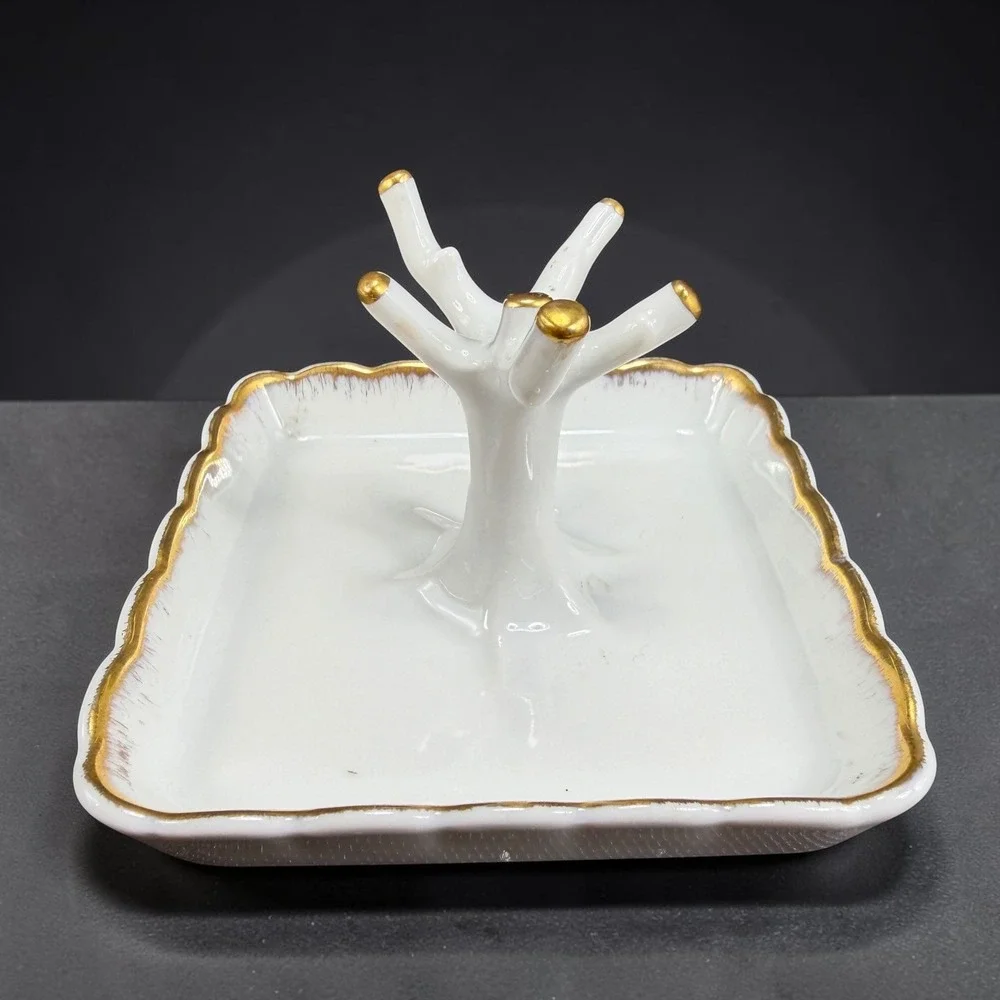 Limoges France Chamart Exclusive Porcelain Ring Holder Tree Gold Gilt White Tray